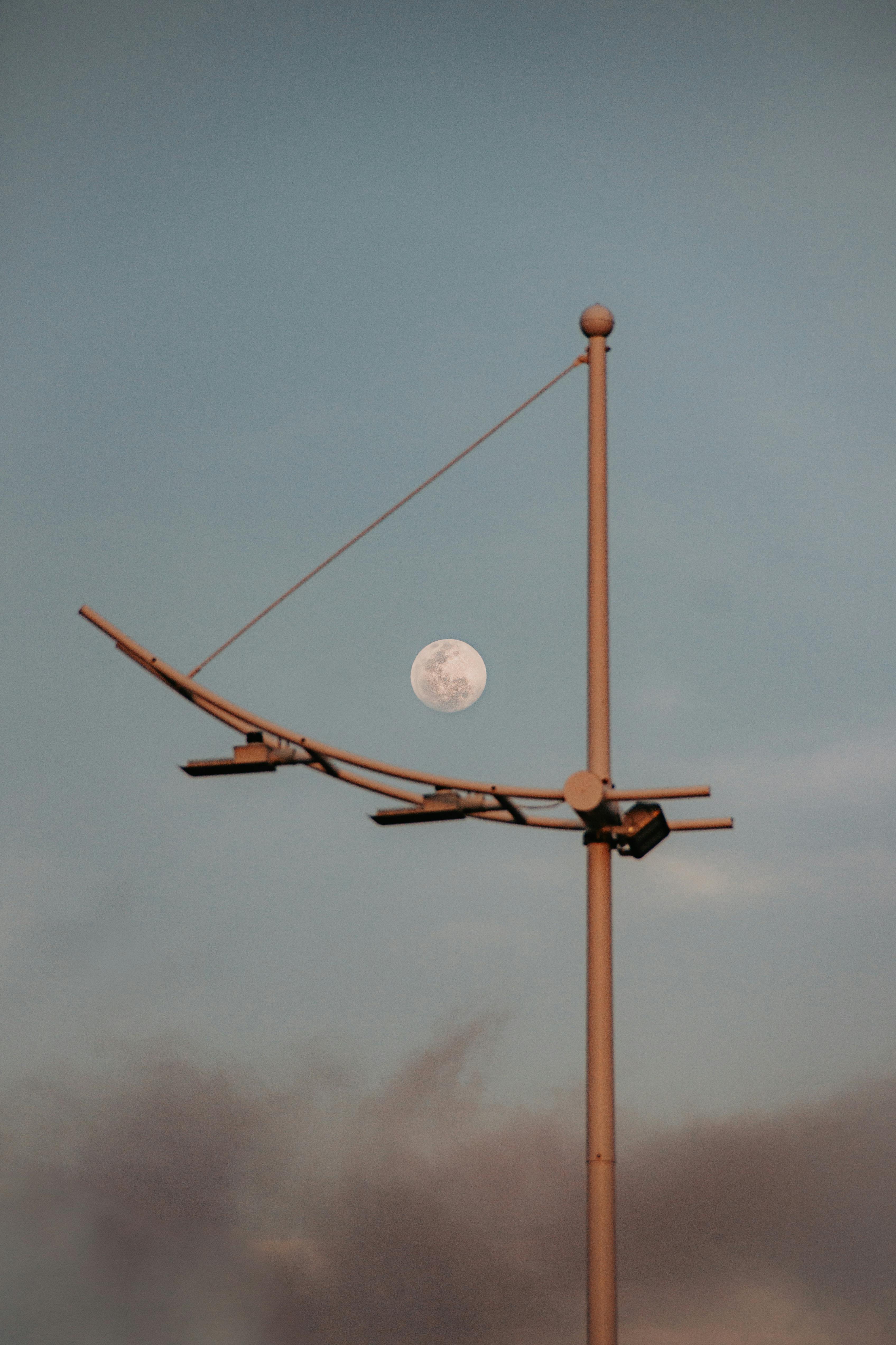 在宁静的夜空下，路灯映衬着满月