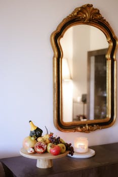 Elegant room with a fruit display and ornate mirror, cozy candlelight ambiance.