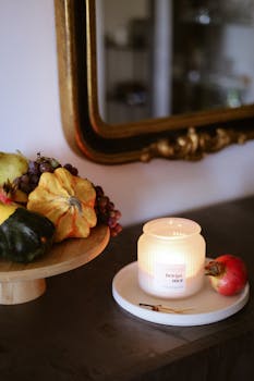 Warm and inviting autumn setting with gourds, grapes, and a lit candle.