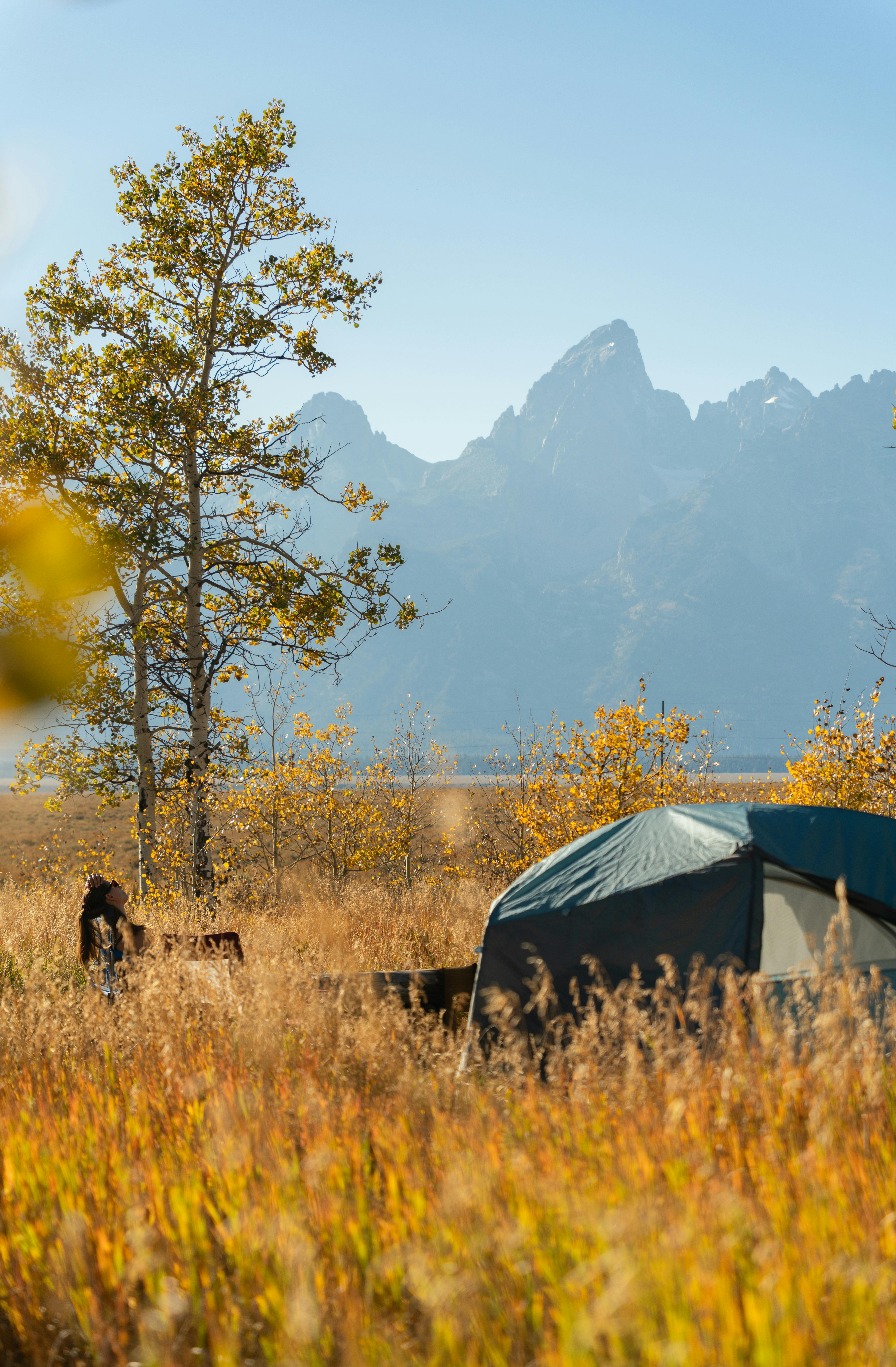 Empty campsite with tent near autumn trees