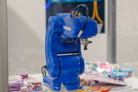In mostra un braccio robotico industriale Yaskawa blu, che mette in mostra tecnologia avanzata e robotica.