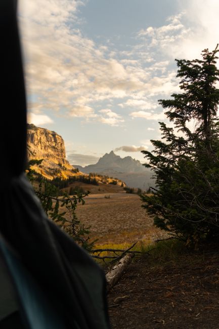 Sunrise over a quiet British Columbia forest campsite with tents and pine trees