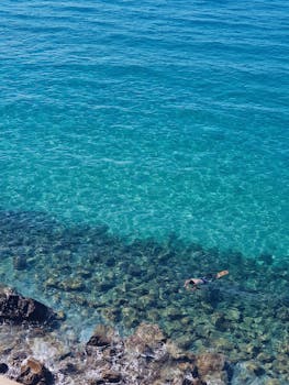 在岩石海底上方，清澈的蓝色海水中，一个人正在浮潜