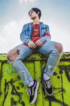 年轻人穿着时尚休闲服，在户外涂鸦背景下摆姿势