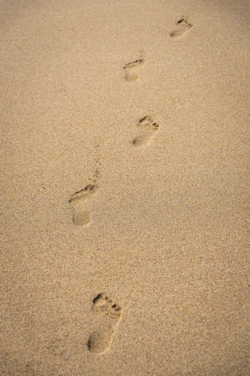 Free Footprints trailing across a sunlit sandy beach, capturing tranquility in Harris, Scotland. Stock Photo