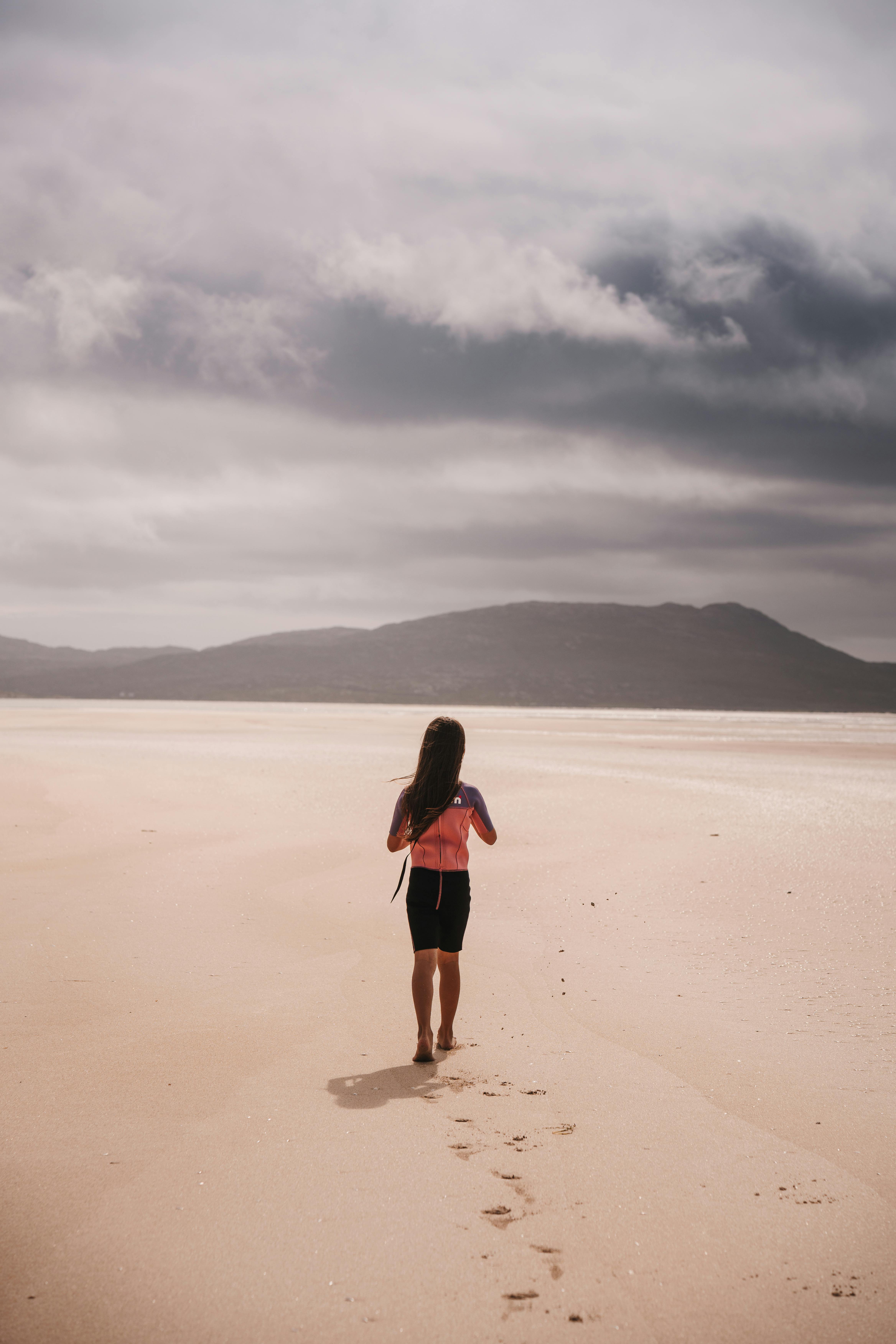 孤独的人影，漫步在苏格兰勒斯肯泰尔海滩上，周围是广阔而宁静的景象