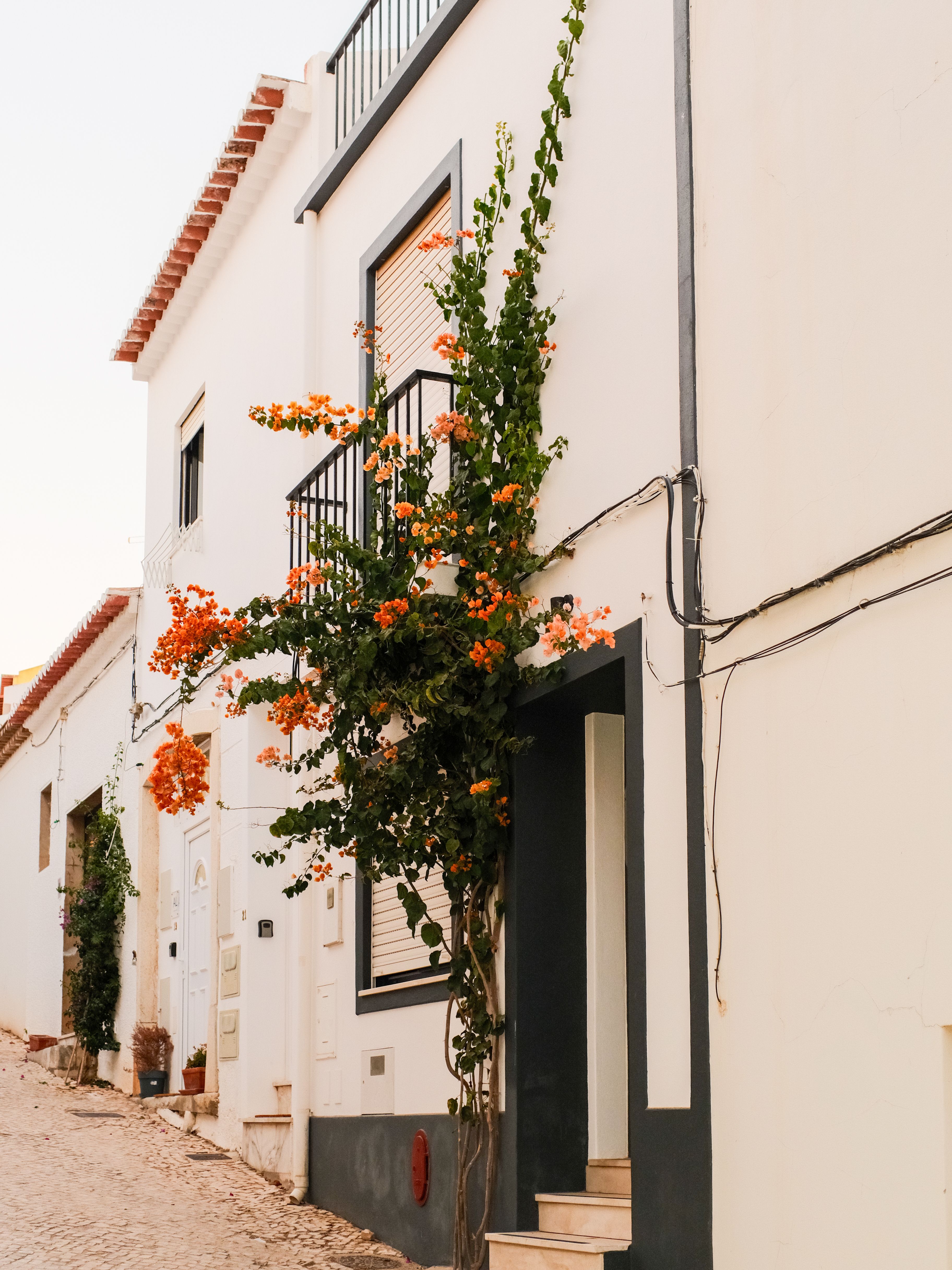 Sunset view of Alte village with golden light on whitewashed houses and bougainvillea