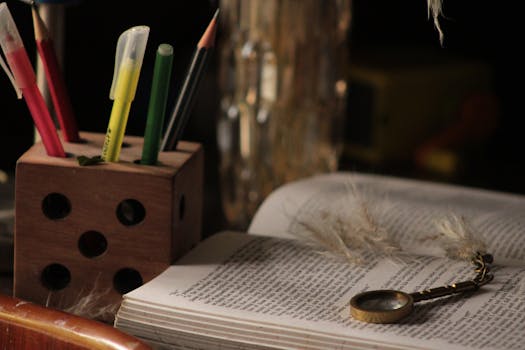 A warm and cozy study desk scene featuring an open book, magnifying glass, and colorful pencils.