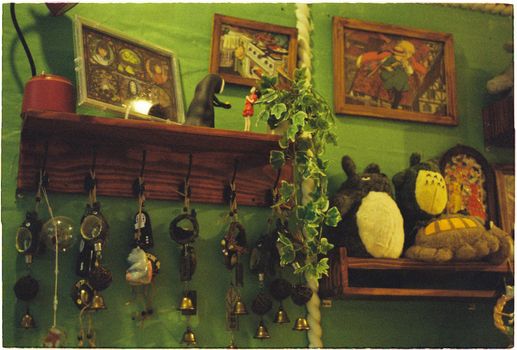 A charming indoor scene featuring decorated shelves with art and plush toys in a cozy room.