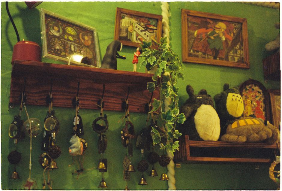 A charming indoor scene featuring decorated shelves with art and plush toys in a cozy room.
