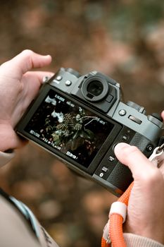 Close-up of hands holding a camera capturing nature in a serene autumn forest in London.