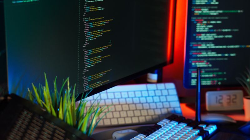 Development workstation with code on screen