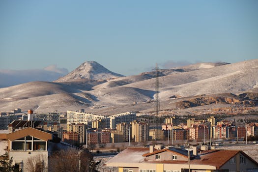 科尼亚城市景观中，雪山的冬季视图与住宅建筑相得益彰
