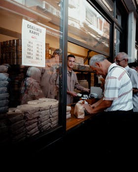 Customers purchasing coffee at a busy market stand in Istanbul, Türkiye.