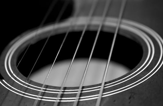 Black and white close-up of acoustic guitar strings and soundhole, artistic perspective.