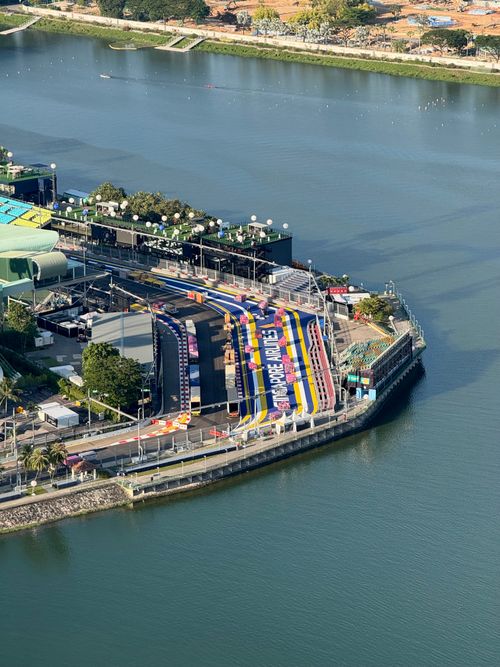 Free Aerial shot of the iconic Singapore F1 Pit Building by the marina. Stock Photo