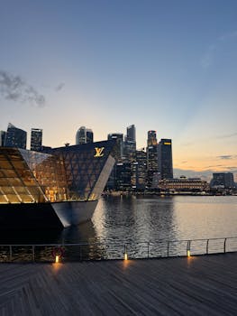 黄昏时，新加坡滨海湾天际线的壮丽景色在水中反射