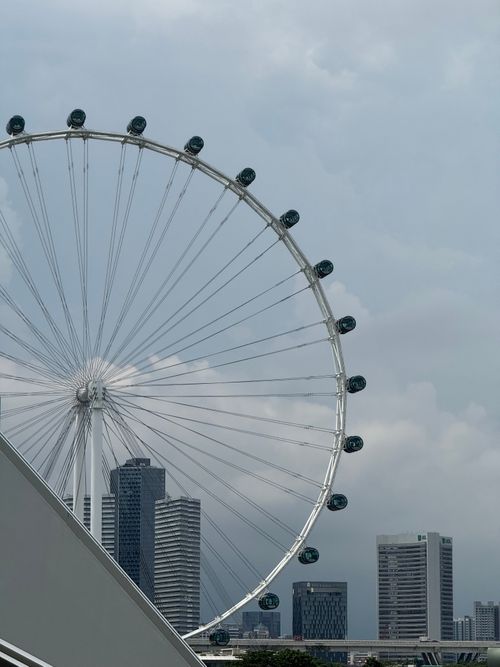 Free View of the Singapore Flyer Ferris wheel against a modern city skyline under a cloudy sky. Stock Photo