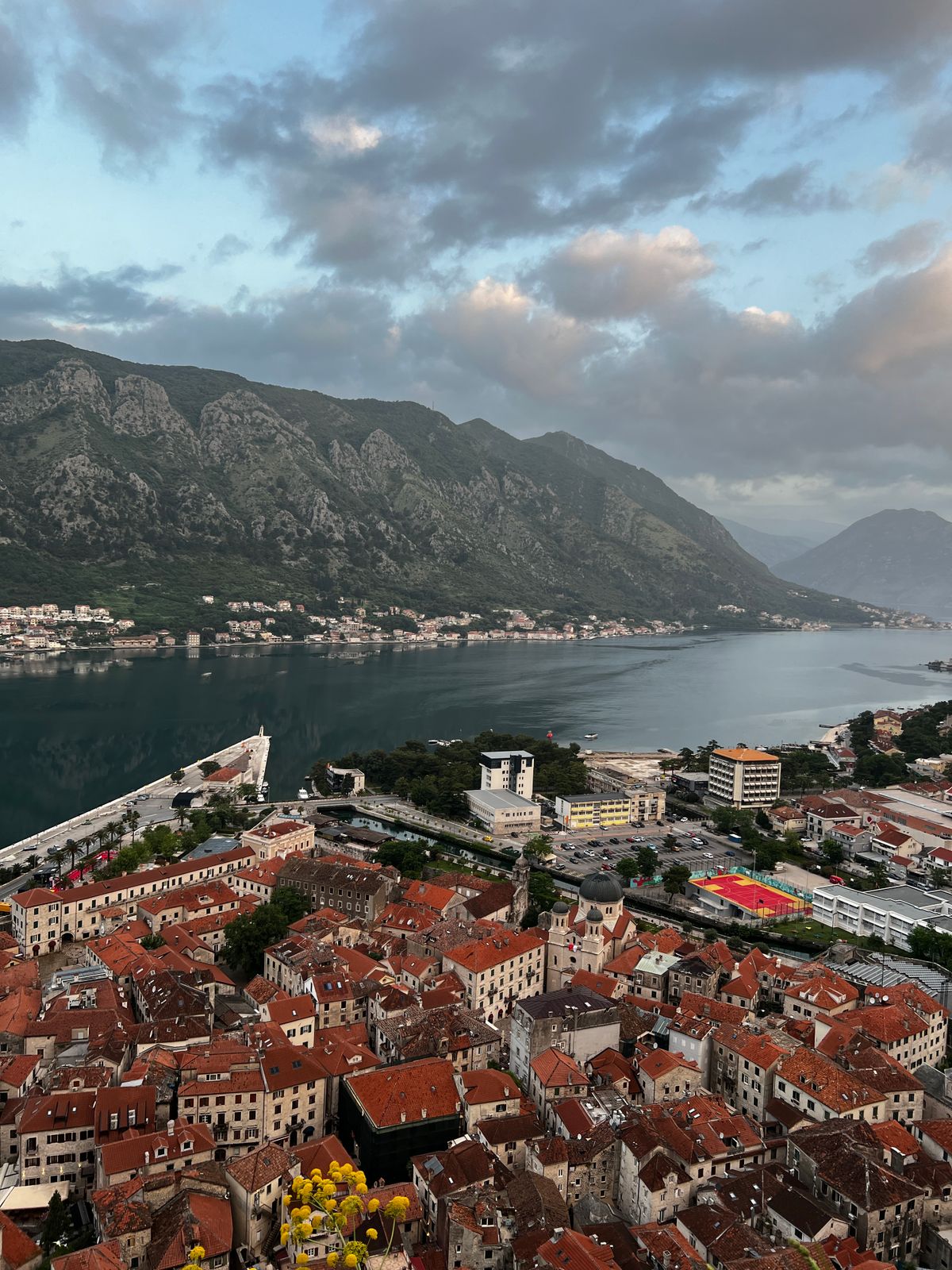 Aerial view of Kotor Bay and red-roofed buildings at sunset