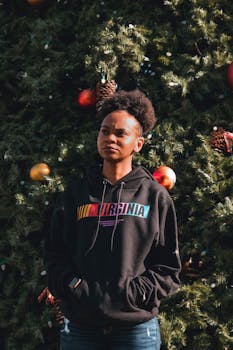 一名身穿黑色连帽衫的年轻女子在户外圣诞树旁摆姿势