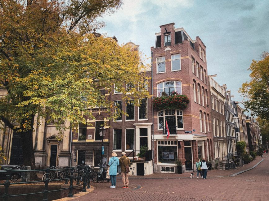 Quaint Amsterdam street with iconic canal houses and autumn foliage.