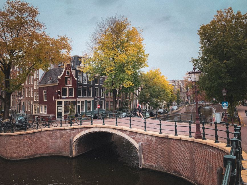 Captivating view of Amsterdam's canals and architecture in fall, featuring a pedestrian bridge and vibrant foliage.