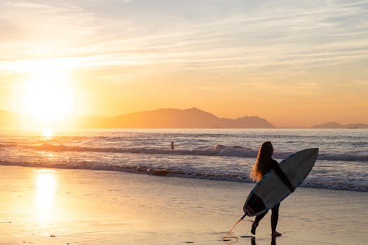 冲浪者凝视着令人惊叹的帕斯·瓦斯科日落，手持冲浪板