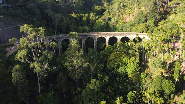 Stunning aerial shot of the Nine Arches Bridge surrounded by lush greenery in Sri Lanka.