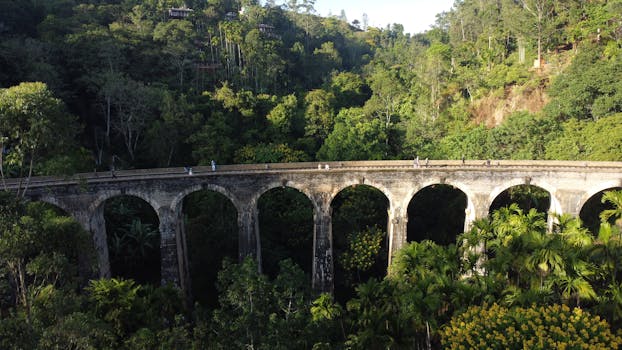 Aerial view of the iconic Nine Arches Bridge surrounded by lush greenery in Ella, Sri Lanka.