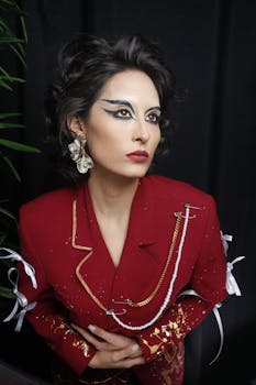 身着红色外套、妆容醒目、戴大耳环的优雅女子，肖像摄影