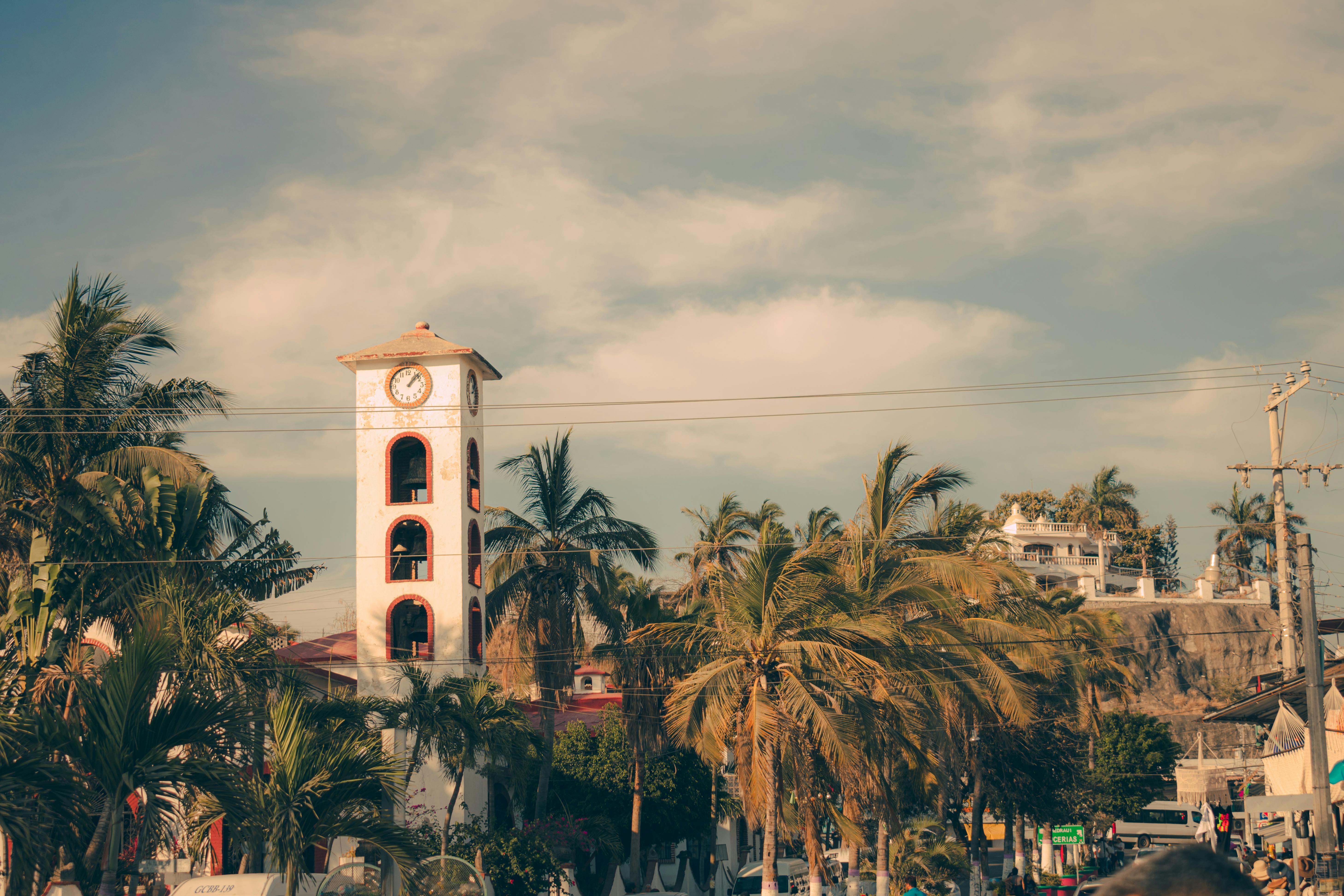 在阳光明媚的天空下，风景如画的海滨小镇中，有一座突出的钟楼和郁郁葱葱的棕榈树