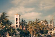 在阳光明媚的天空下，风景如画的海滨小镇中，有一座突出的钟楼和郁郁葱葱的棕榈树