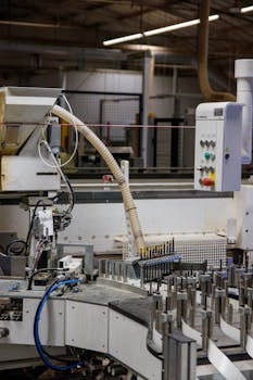 Close-up of automated machinery in an industrial factory setting, perfect for industry and technology themes.