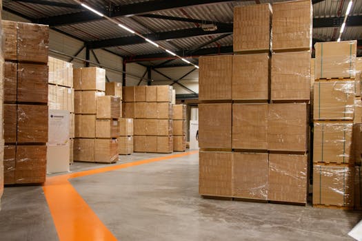 A spacious industrial warehouse filled with stacked cardboard boxes for storage and shipping.