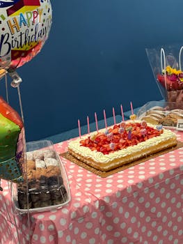 Bright birthday setup with strawberry cake and balloons on a polka dot table.