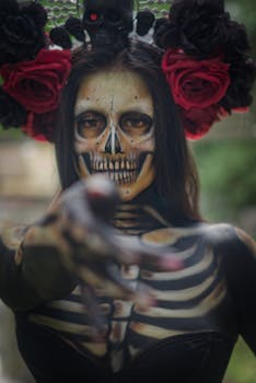 A woman in skeleton makeup with a flower headdress extends her hand forward.
