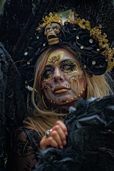 Intricate fantasy portrait of a woman with elaborate makeup and headpiece, perfect for Halloween themes.