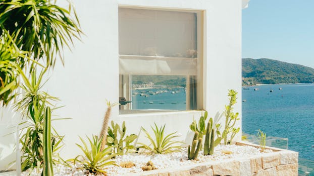 明亮的海岸景观，以石头仙人掌花园为特色，可以俯瞰大海，船上有船只