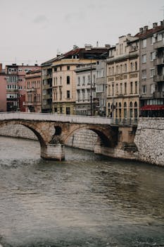 Charming view of the historic Latin Bridge over the Miljacka River in Sarajevo, Bosnia.