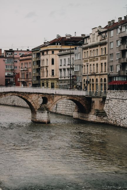 Charming view of the historic Latin Bridge over the Miljacka River in Sarajevo, Bosnia.