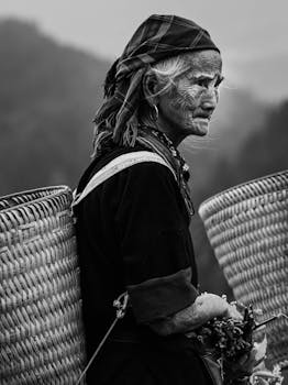 Elderly woman in traditional ethnic dress and baskets, black and white portrait.