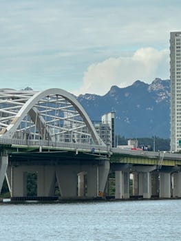 现代城市桥梁在风景秀丽的山区背景下，以高层建筑为特色