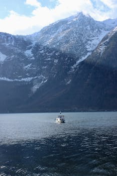 在哈尔施塔特湖上泛舟，背景是令人惊叹的雪山