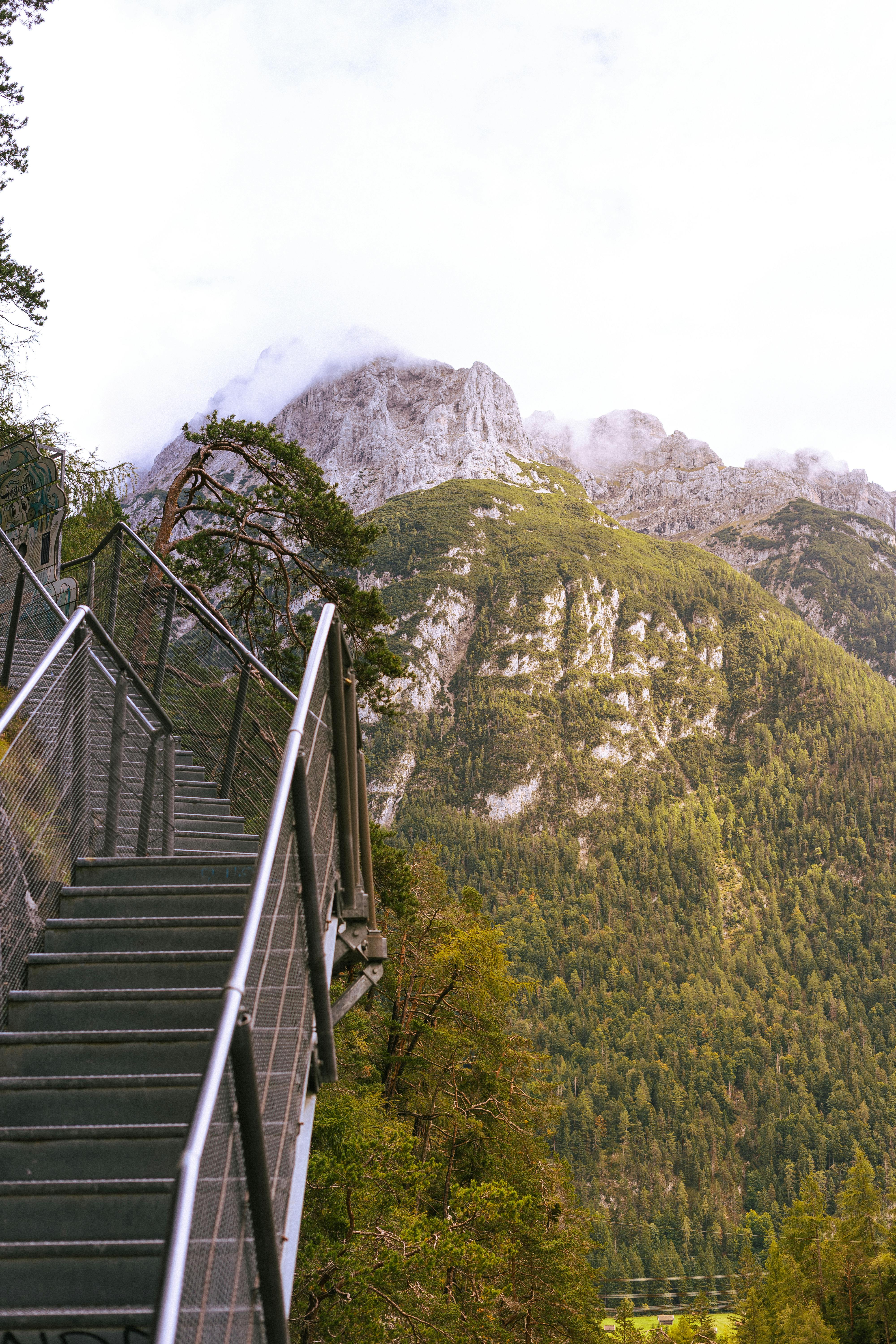 站在自然环境中的金属楼梯上，欣赏山脉的壮丽景色