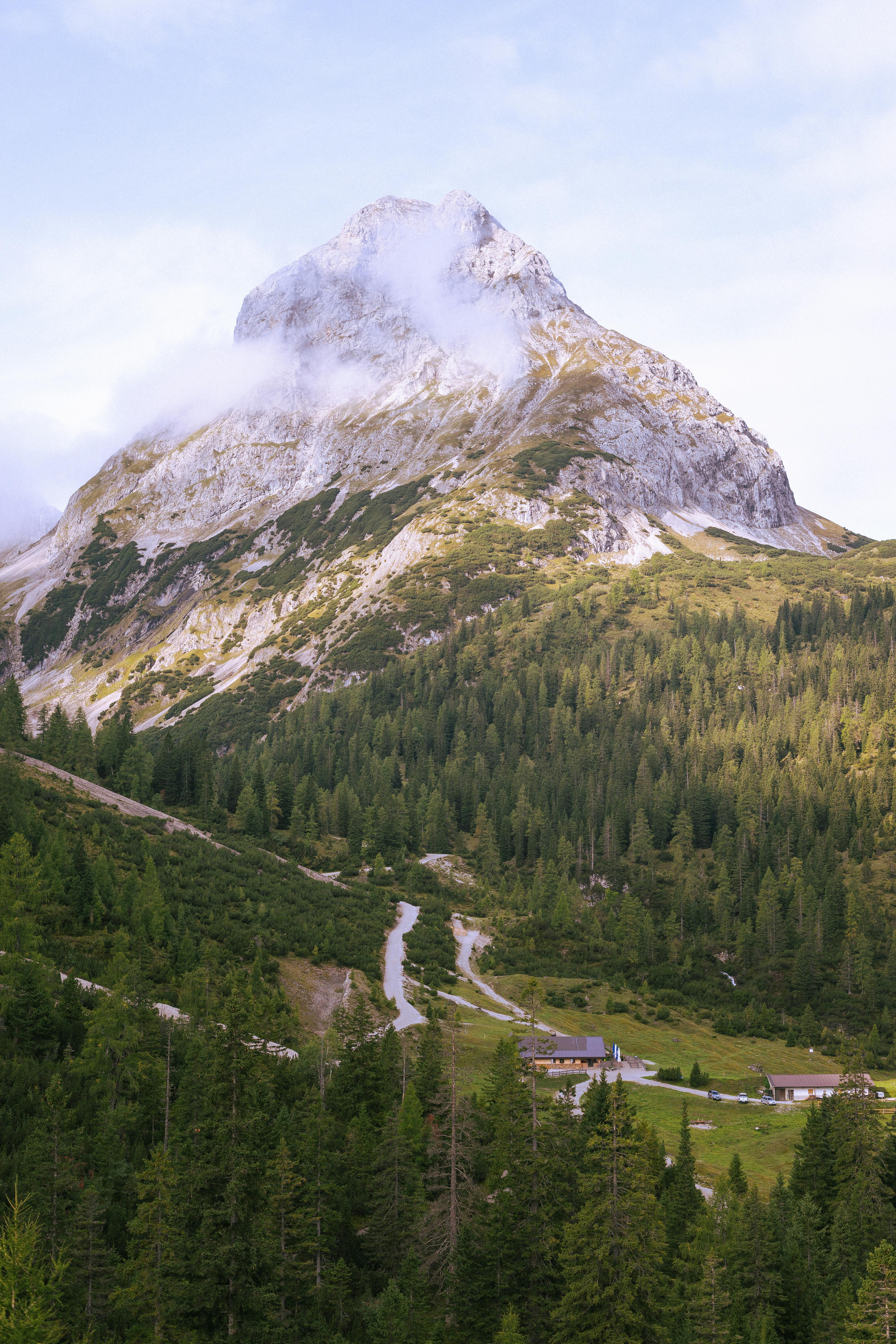 在郁郁葱葱的高山山谷中，云雾笼罩的山峰展现出壮丽的景色