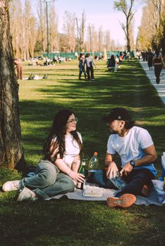 A couple relaxes on a sunny day in Buenos Aires park, sharing a picnic and conversation.