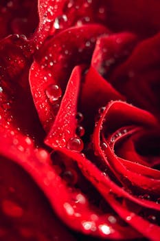 Macro shot of a vibrant red rose with water droplets highlighting its delicate petals.