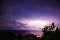迷人的紫色雷暴在夜间海洋上空绽放