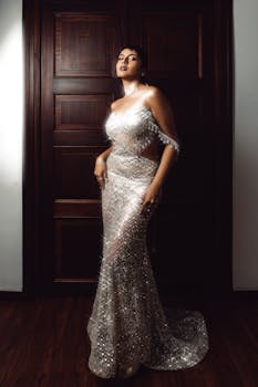 一位穿着耀眼闪亮礼服的女性在室内自信地摆姿势的时尚肖像