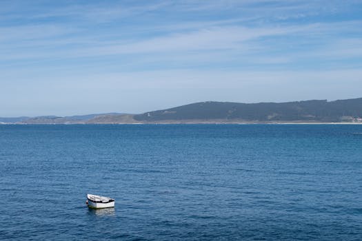 一艘白色的船漂浮在晴朗的天空下，宁静的蓝色海水上